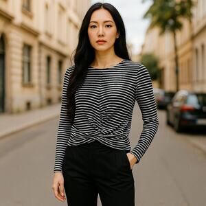 Haute Monde Womens Knit Top Sz S Black White Striped‎ Crossover Bottom NEW